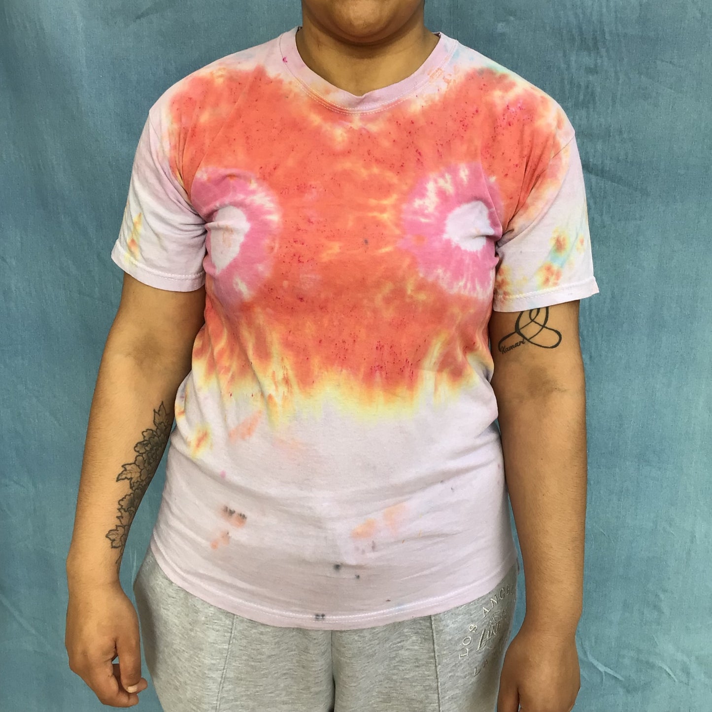 Adult tie dye t-shirt - upcycled orange circles