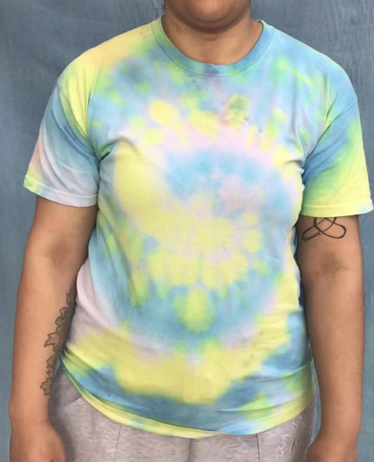 Adult tie dye t-shirt - upcycled yellow and blue swirl