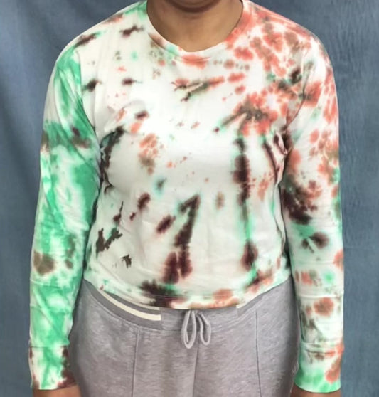 Adult tie dye t-shirt - upcycled green and brown long sleeve crop