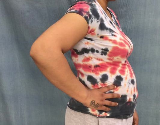 Adult tie dye v-neck t-shirt - upcycled pink and black swirl