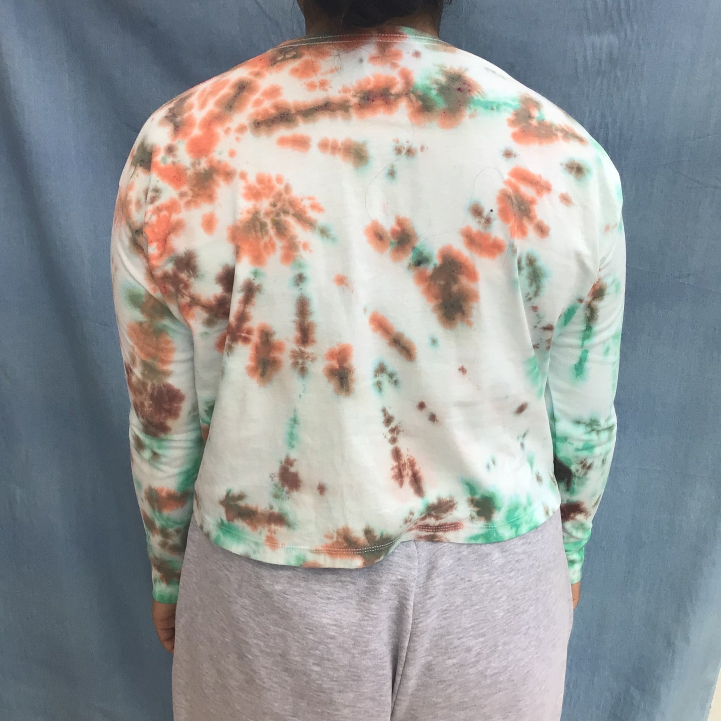 Adult tie dye t-shirt - upcycled green and brown long sleeve crop