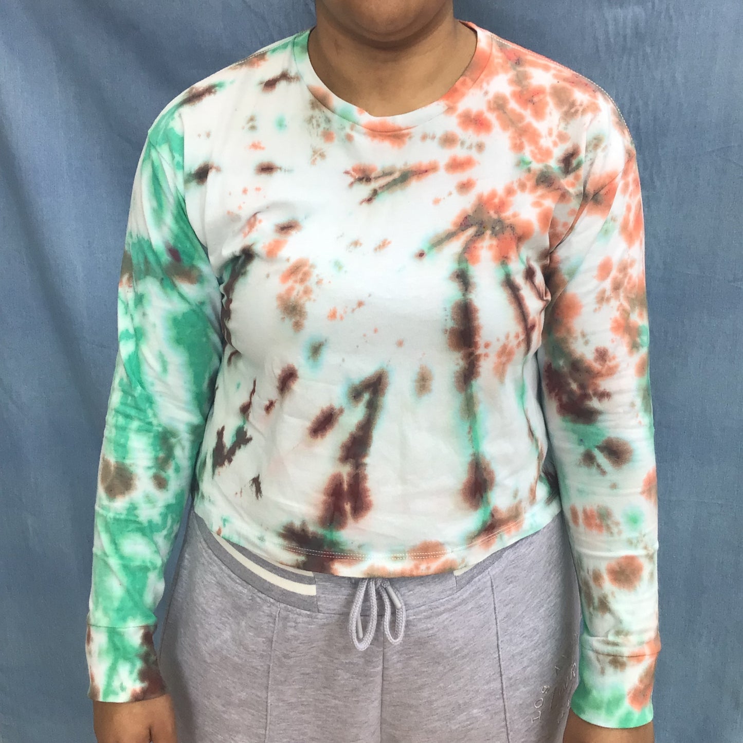 Adult tie dye t-shirt - upcycled green and brown long sleeve crop