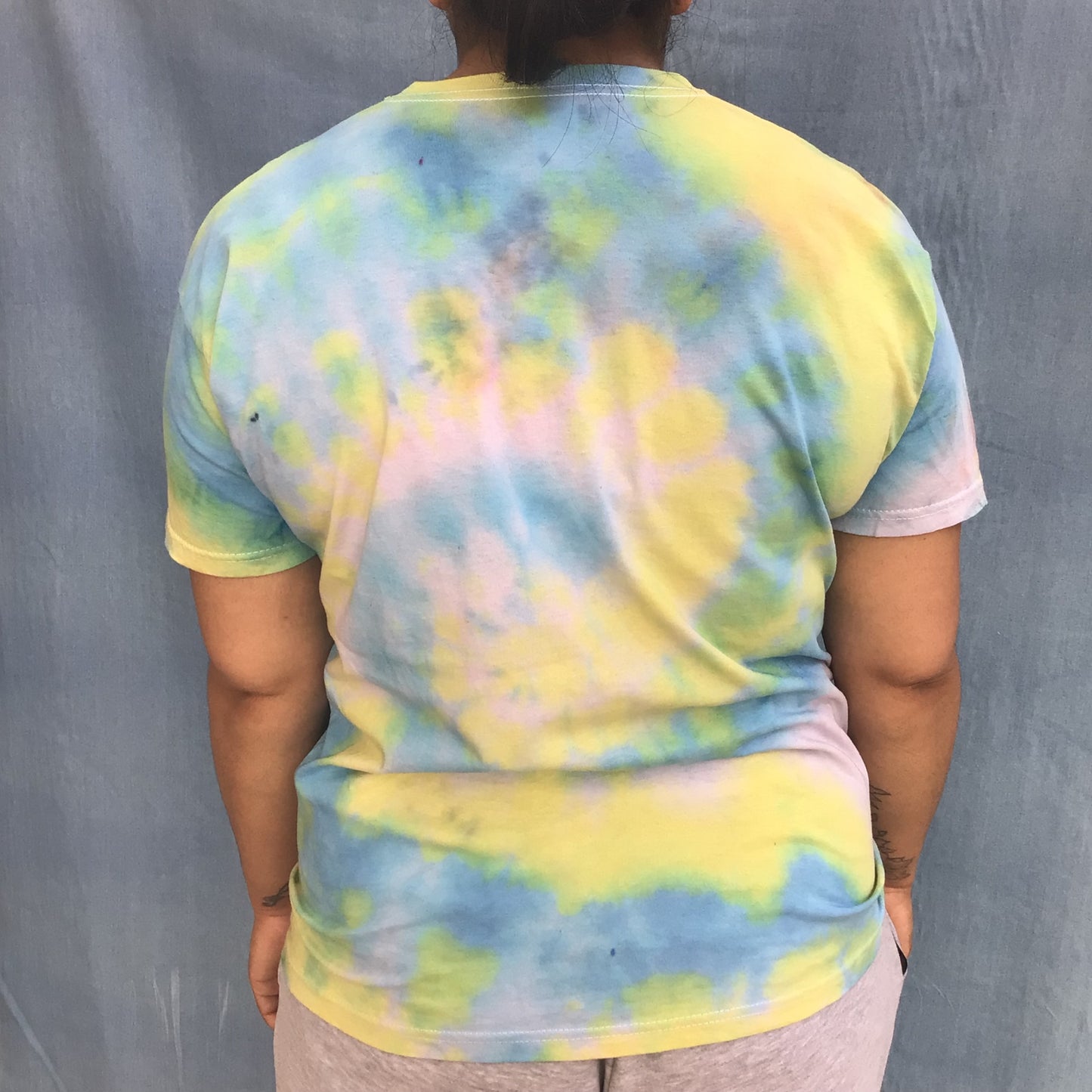 Adult tie dye t-shirt - upcycled yellow and blue swirl