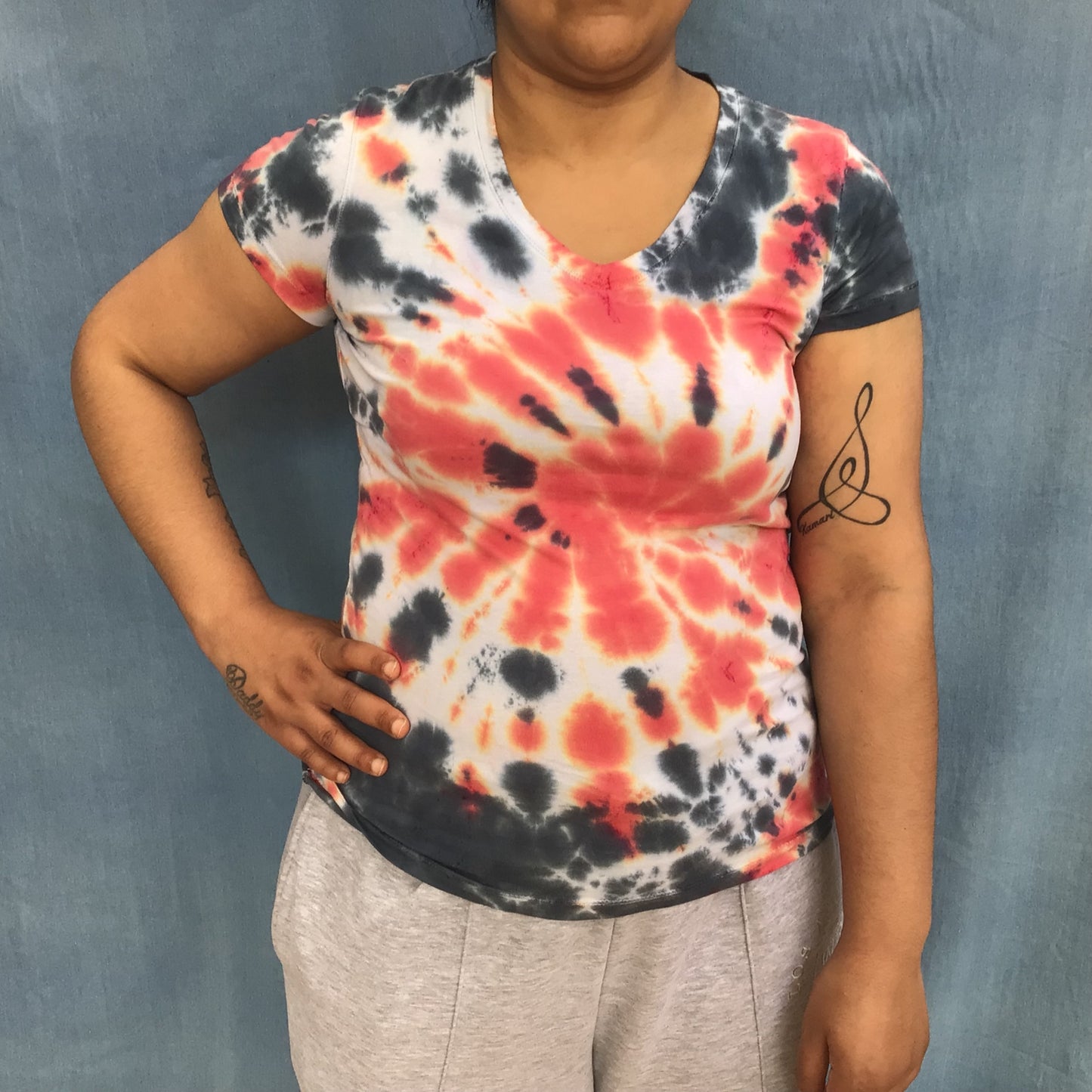 Adult tie dye v-neck t-shirt - upcycled pink and black swirl