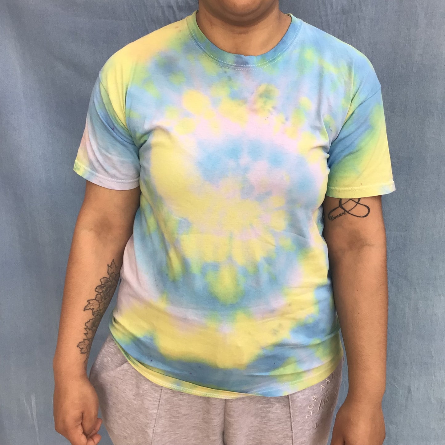 Adult tie dye t-shirt - upcycled yellow and blue swirl